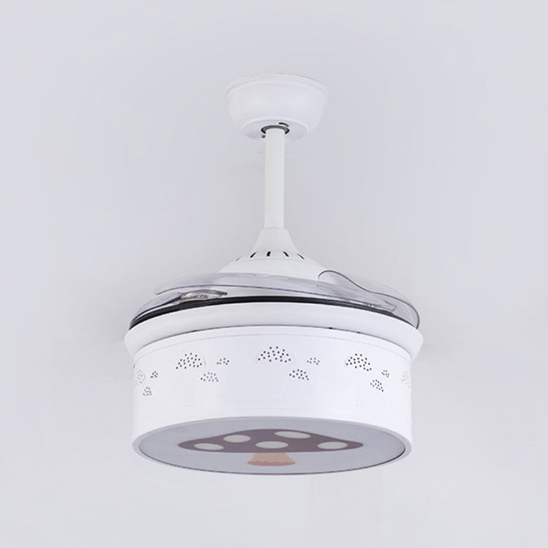 Drum 4 Blades Ceiling Fan Light Kids Metal Living Room 36.5" Wide LED Semi Flush Lamp in White with Mushroom Pattern, Wall/Remote Control