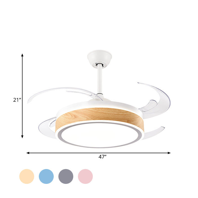 Metal Round Hanging Fan Light Simple Modern 4 Blades LED Semi Flush Mounted Lamp in Grey/Pink/Blue for Dining Room, 47" Wide