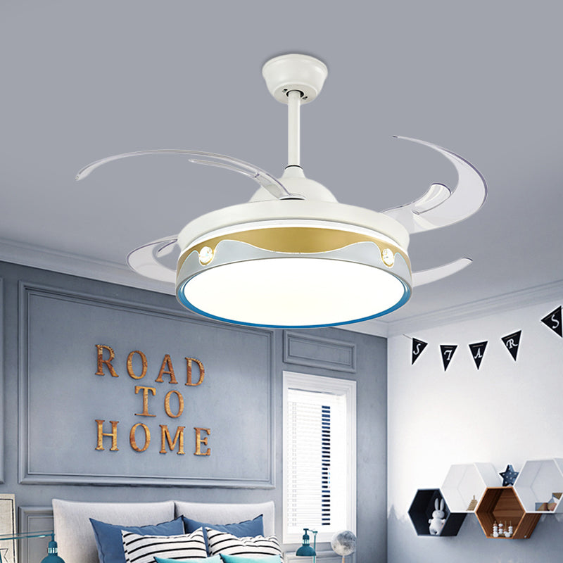 47" W LED Bedroom Semi Flush Light Modernist White 4 Clear Blades Ceiling Fan Lamp with Round Acrylic Shade