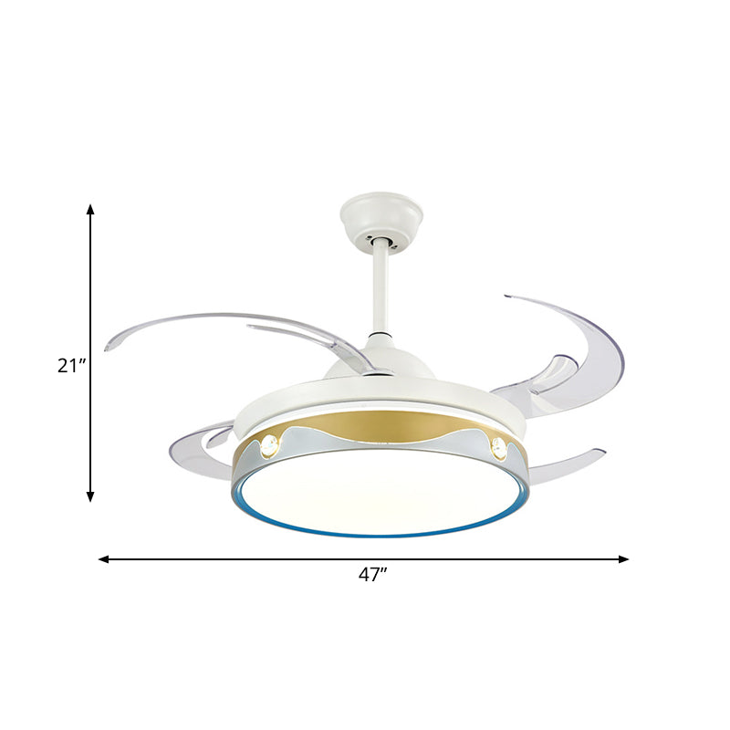 47" W LED Bedroom Semi Flush Light Modernist White 4 Clear Blades Ceiling Fan Lamp with Round Acrylic Shade