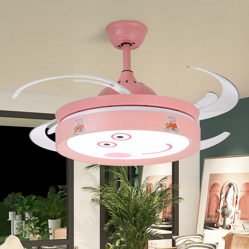 Rose rond 4 lames semi-flush monte léger les enfants à la lampe à fans suspendue métallique avec motif de cochon de dessin animé, 47 "W