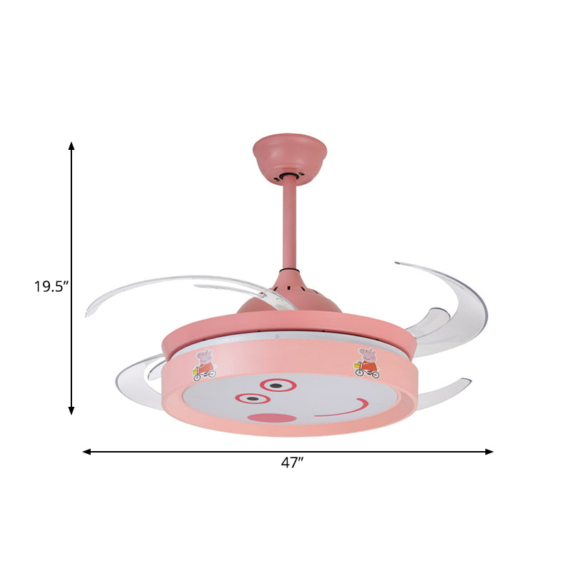 Pink Round 4 Blades Semi Flush Mount Light Kids LED Metallic Hanging Fan Lamp Fixture with Cartoon Pig Pattern, 47" W