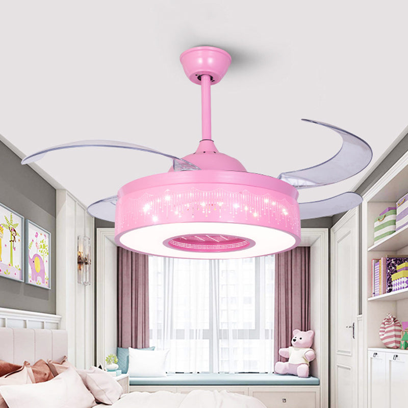 4 Blades Metallic Ring Semi Flush Lighting Modern 36 "W LED Hanger Fan Lamp armatuur in roze/blauw met uitgehold ontwerp, muur/afstandsbediening