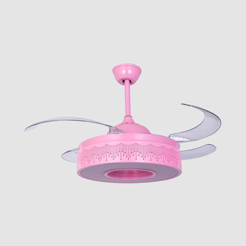 4 Blades Metallic Ring Semi Flush Lighting Modern 36 "W LED Hanger Fan Lamp armatuur in roze/blauw met uitgehold ontwerp, muur/afstandsbediening
