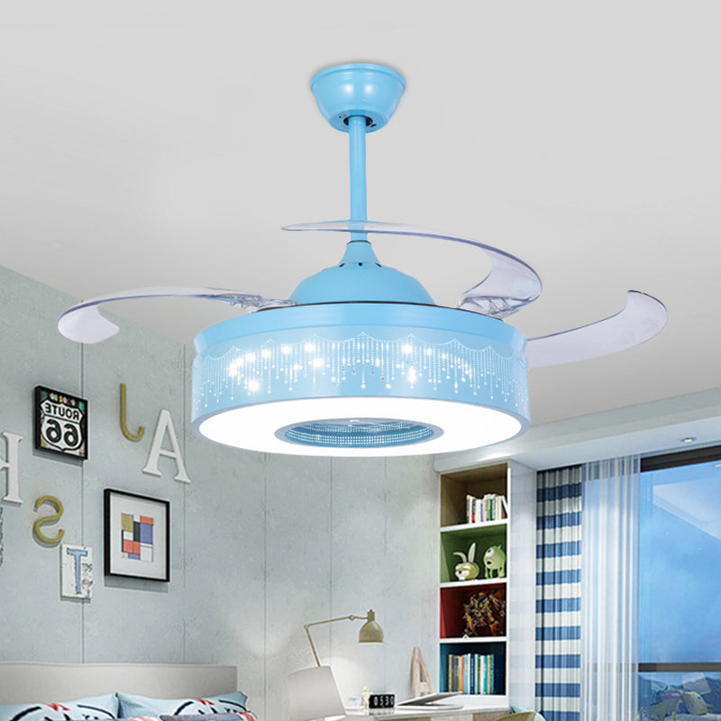 4 Blades Metallic Ring Semi Flush Lighting Modern 36 "W LED Hanger Fan Lamp armatuur in roze/blauw met uitgehold ontwerp, muur/afstandsbediening