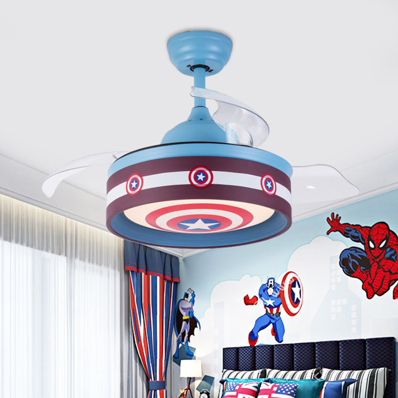 Roze/blauw ronde 3 bladen semi -flush light kids led metallic hangende plafondventilator lamp met heldenschildpatroon, 36 "breed