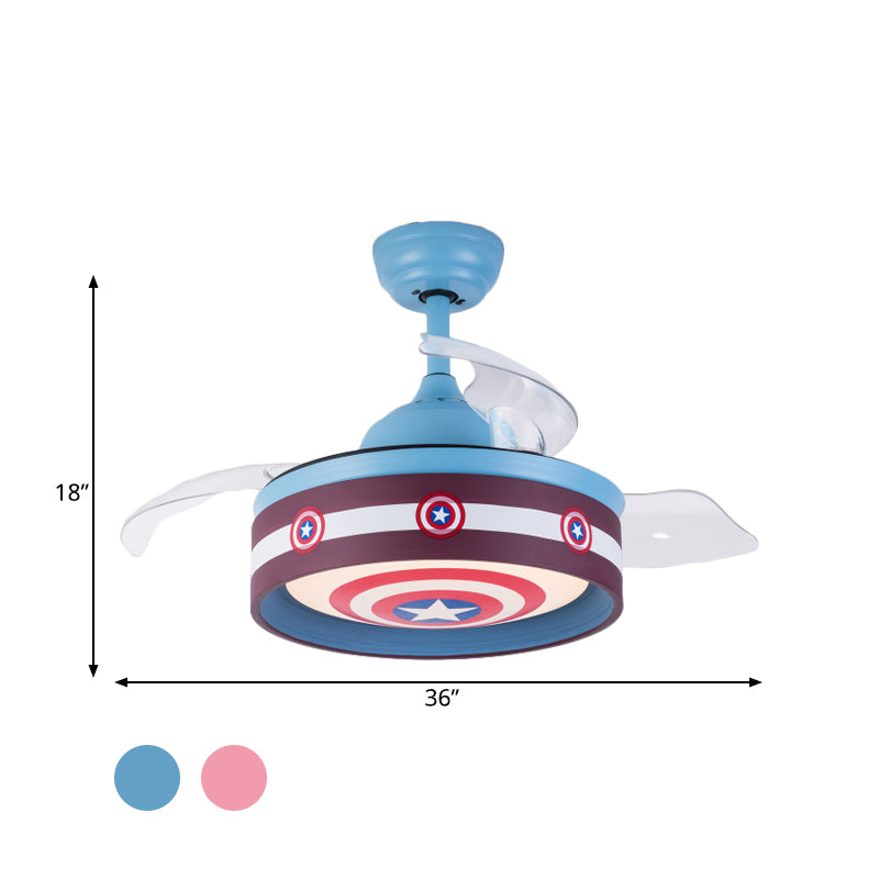 Roze/blauw ronde 3 bladen semi -flush light kids led metallic hangende plafondventilator lamp met heldenschildpatroon, 36 "breed