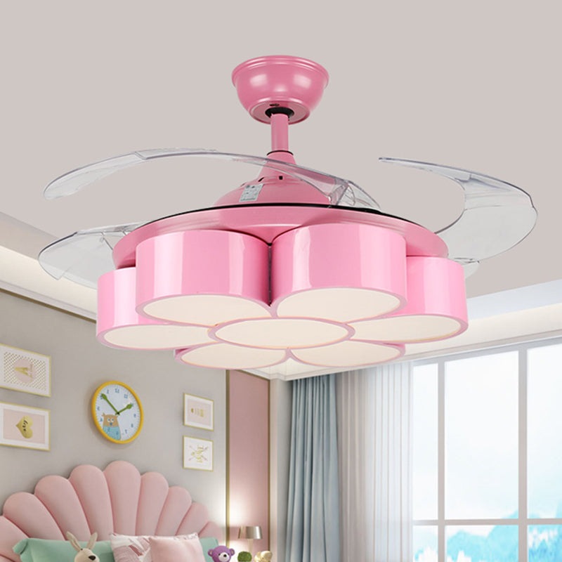 42" W Flower Bedroom Ceiling Fan Light Fixture Metal LED Kids Semi Flush Mounted Lamp in Pink with 3 Clear Blades, Remote/Wall and Remote Control
