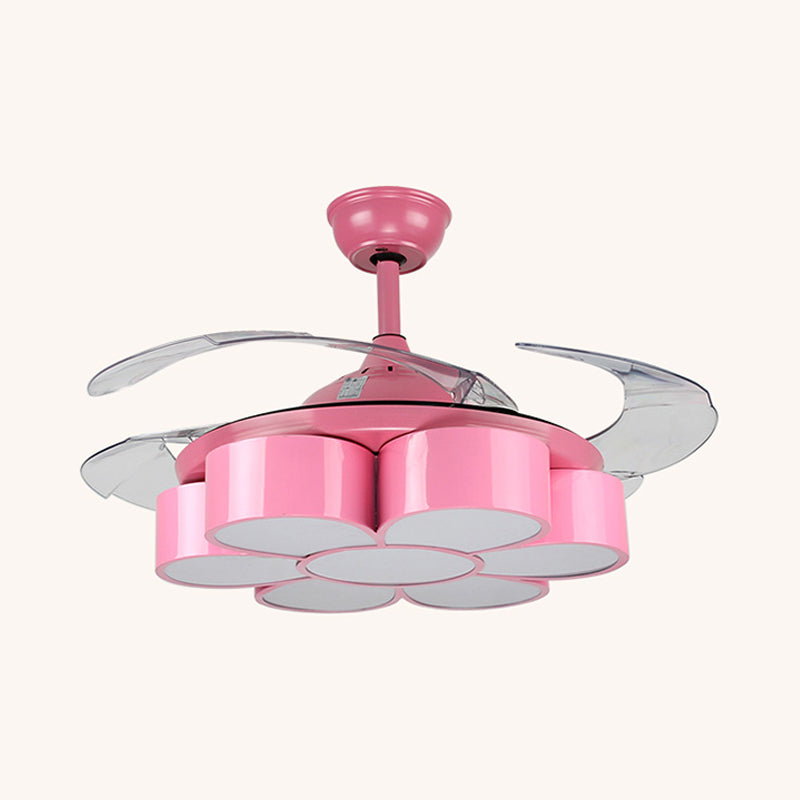42" W Flower Bedroom Ceiling Fan Light Fixture Metal LED Kids Semi Flush Mounted Lamp in Pink with 3 Clear Blades, Remote/Wall and Remote Control
