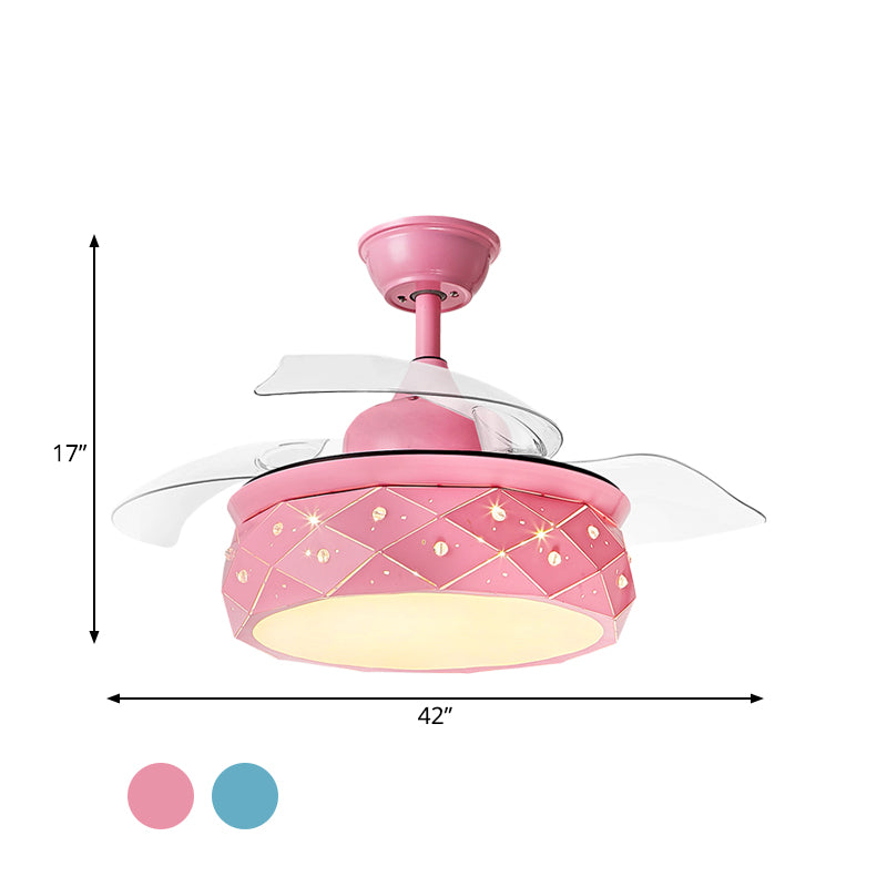 3 cuchillas Lámpara de iluminación de ventilador colgante de tambor metálico 42 "W LED Semi Flush Lámpara en rosa/azul con tono acrílico, control remoto/pared y control remoto