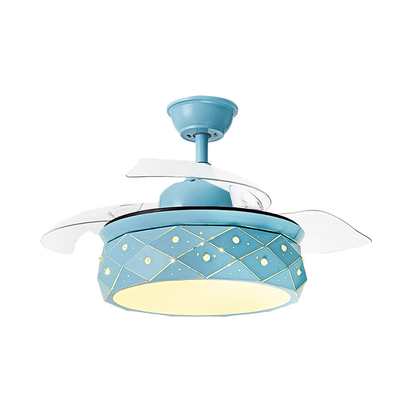 3 cuchillas Lámpara de iluminación de ventilador colgante de tambor metálico 42 "W LED Semi Flush Lámpara en rosa/azul con tono acrílico, control remoto/pared y control remoto