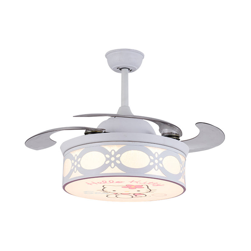 4 Blades Drum Semi Flush Mount Lamp Kids Metal Bedroom 36" W LED Hanging Pendant Fan Light in White/Pink with Cartoon Cat Pattern, Remote/Wall and Remote Control