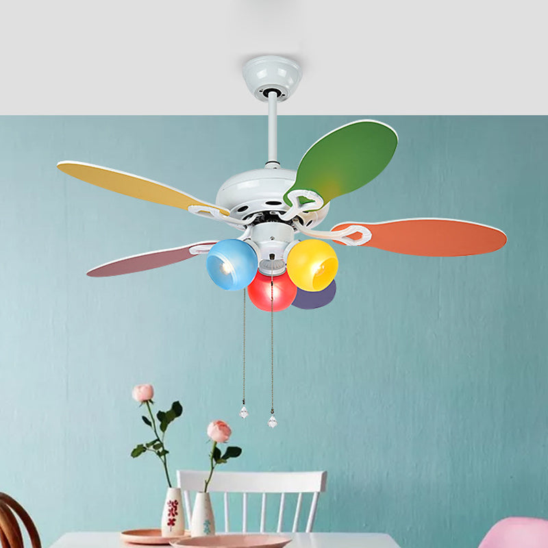 Ventilador de techo de globo iluminación de niños estilo azul-amarillo azul 3 luces de 42 "w lámpara de montaje de semi rascilla blanca con 5 cuchillas multicolores