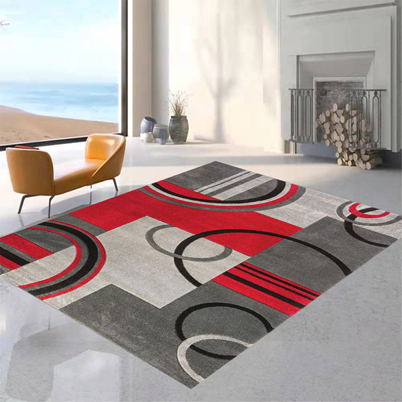 Red Modern Area Rug Polyester Ring Rug Non-Slip Backing Rug for Living Room
