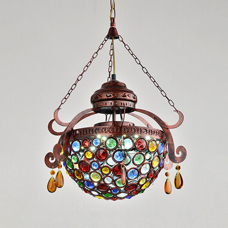 Metal Bowl Drop Pendant Antique 1 Light Living Room Hanging Light Fixture in Copper