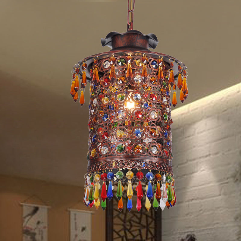 Bohemian Cylinder Drop Pendant 1 Bulb Metal Hanging Ceiling Light in Copper for Balcony