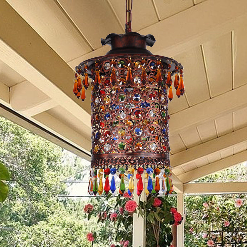 Bohemian Cylinder Drop Pendant 1 Bulb Metal Hanging Ceiling Light in Copper for Balcony