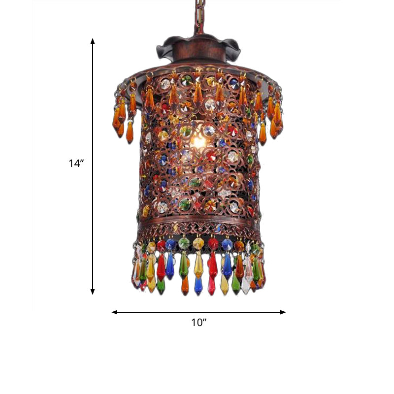 Bohemian Cylinder Drop Pendant 1 Bulb Metal Hanging Ceiling Light in Copper for Balcony