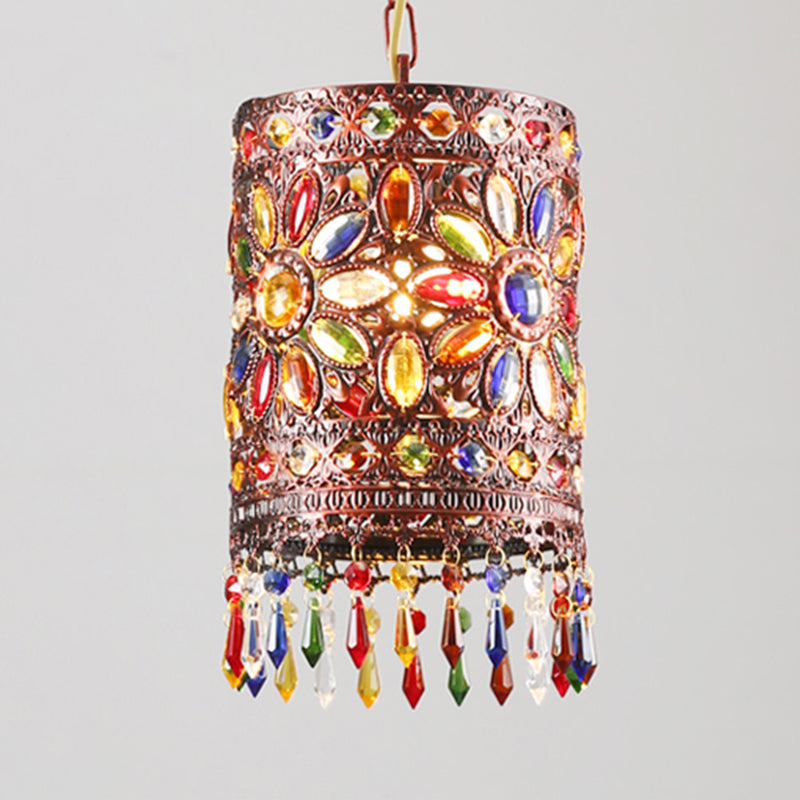 Cylinder Metal Ceiling Hang Fixture Bohemian 1 Light Dining Room Pendant Lamp in Copper