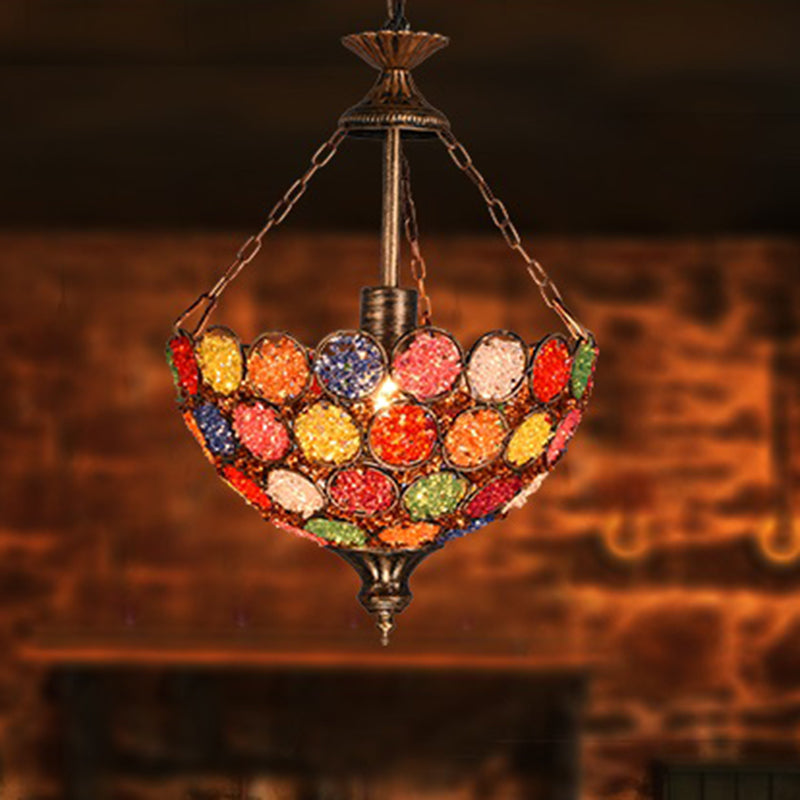 Orange Bowl Shape Hanging Light Bohemian Metal 1 Bulb Restaurant Pendant Lighting Fixture