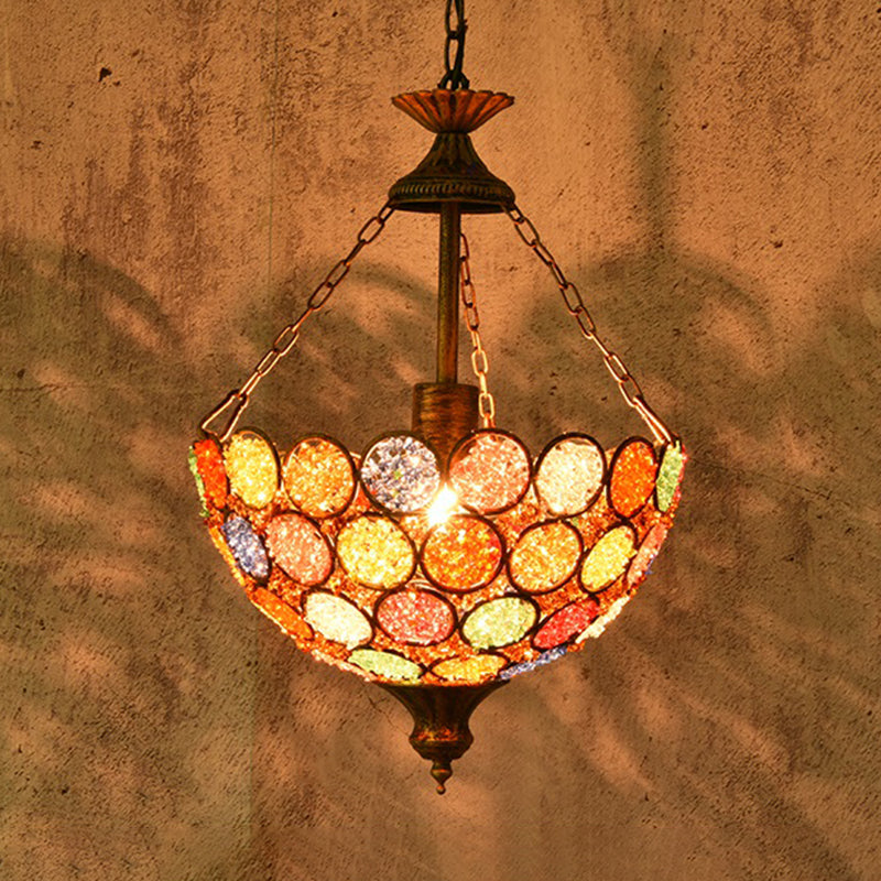 Orange Bowl Shape Hanging Light Bohemian Metal 1 Bulb Restaurant Pendant Lighting Fixture