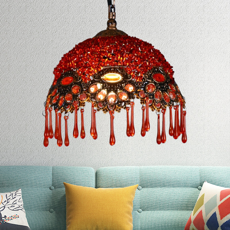 1-Light Metal Ceiling Lamp Traditional Red Dome Shaped Restaurant Hanging Light Fixture