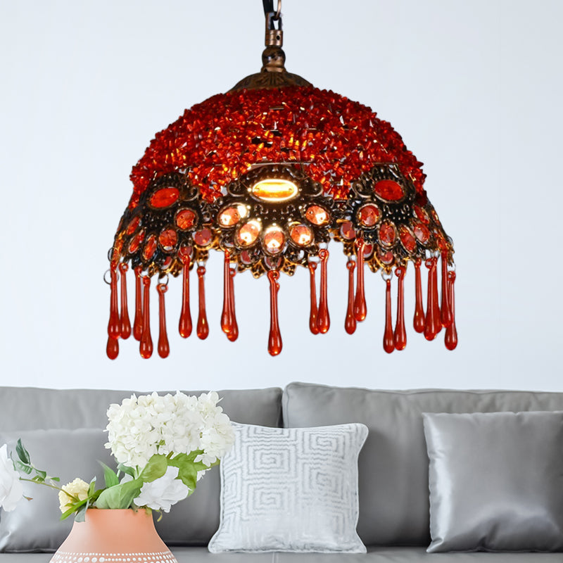 1-Light Metal Ceiling Lamp Traditional Red Dome Shaped Restaurant Hanging Light Fixture