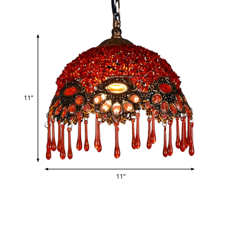 1-Light Metal Ceiling Lamp Traditional Red Dome Shaped Restaurant Hanging Light Fixture