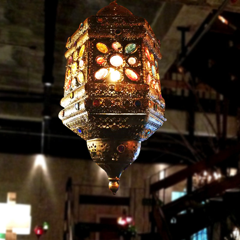 Bronze 1 Light Hanging Pendant Bohemian Metal Lantern Ceiling Light for Restaurant