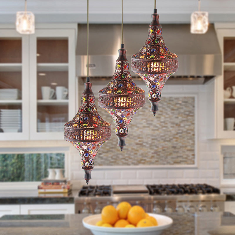 Copper 3 Bulbs Multi Light Pendant Traditional Metal Teardrop Suspension Lamp for Kitchen