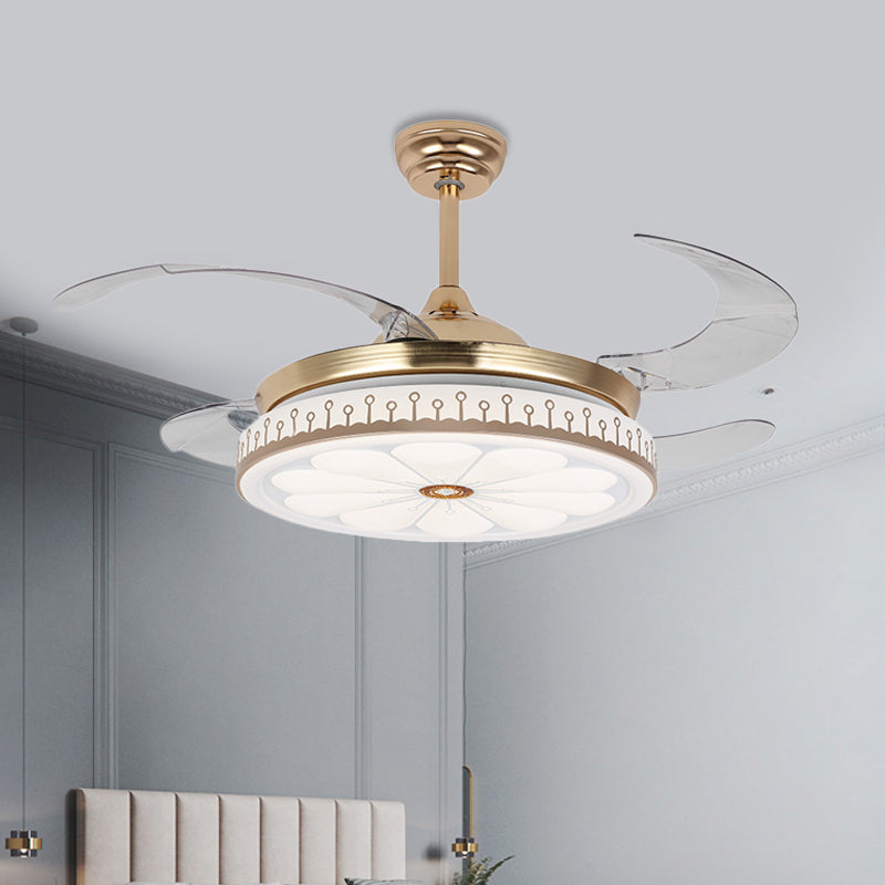 LED 42 "W Ronde ventilatorlamp Modern Gold Metal 4 Blades Semi Flush Mount Lighting voor slaapkamer, afstandsbediening/wandregeling/afstandsbediening en wandregeling