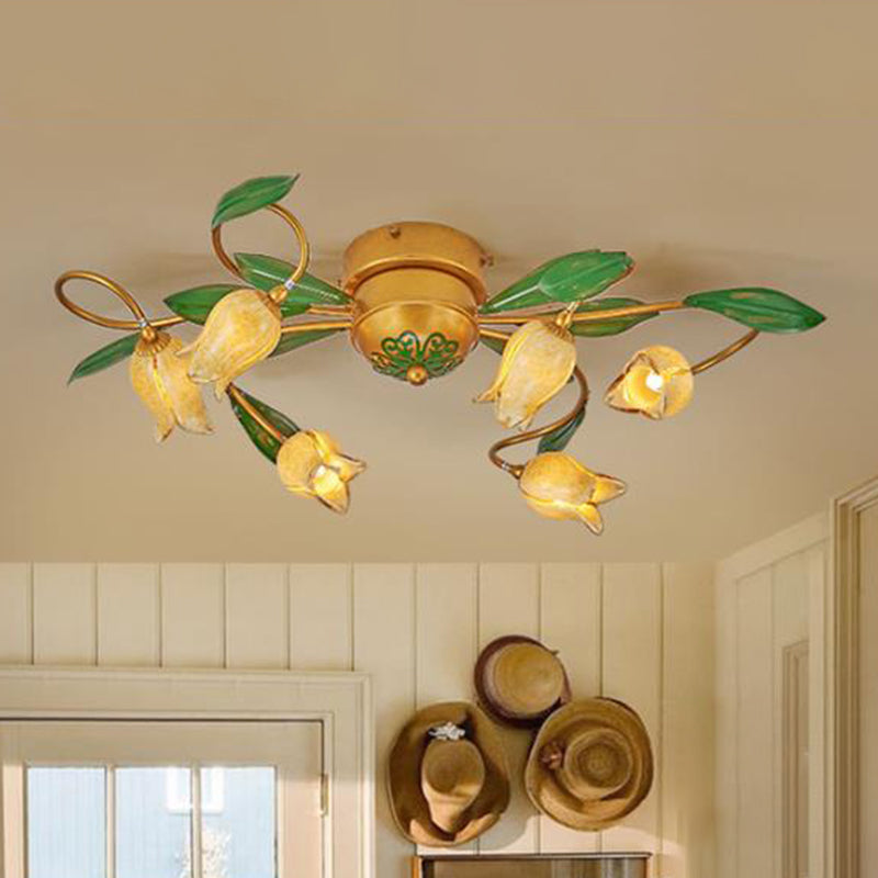 6 Bulbs Tulip Ceiling Light Pastoral Metal LED Semi Flush Mount Lighting in Brass for Living Room