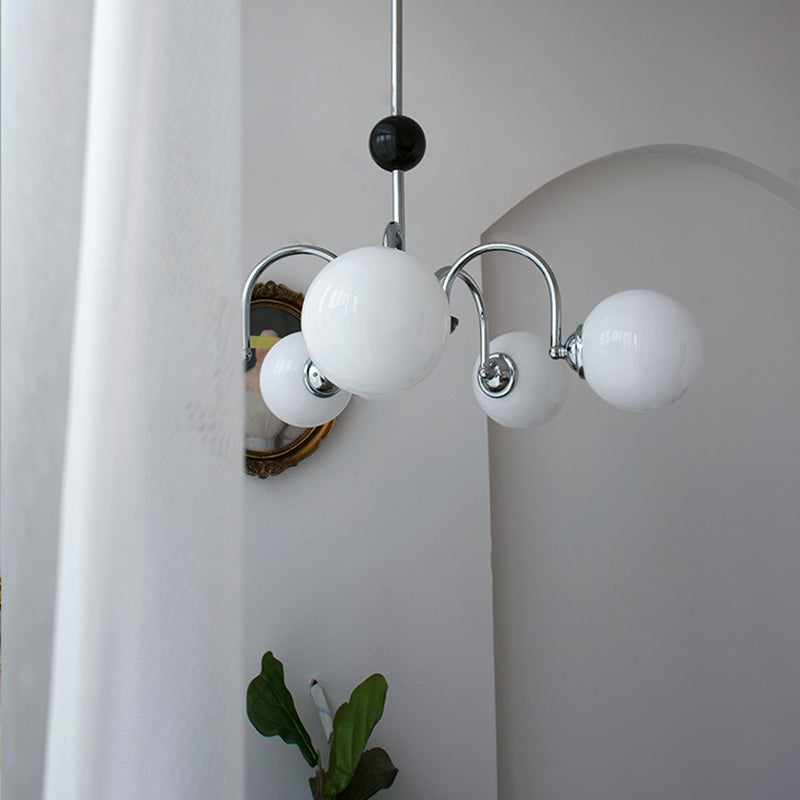 Modern Style Spherical Shape Chandelier Lights White Glass Pendant Lights in Silver