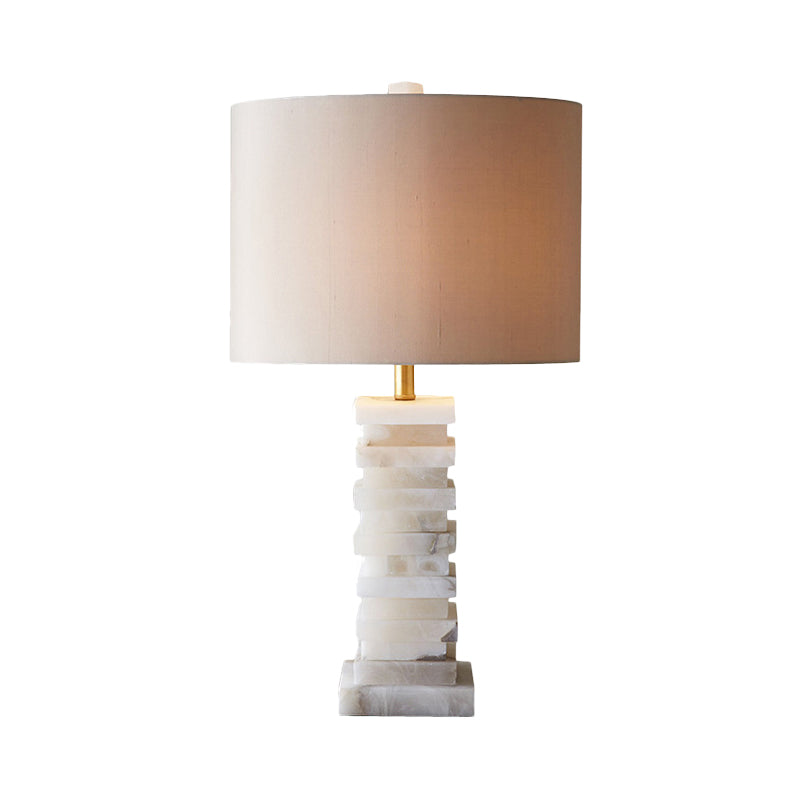Contemporaneo 1 scrivania head leggero lampada da tavolo cilindrica bianca cilindrica con tonalità in tessuto