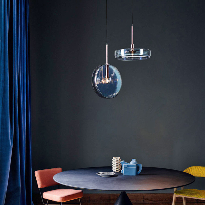 Modern Artistic Single Pendant Light Wrought Iron Circular Hanging Lamp with Glass Shade