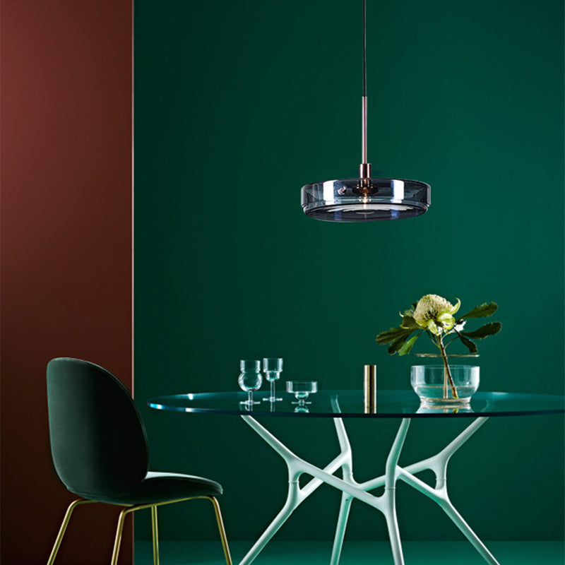 Modern Artistic Single Pendant Light Wrought Iron Circular Hanging Lamp with Glass Shade