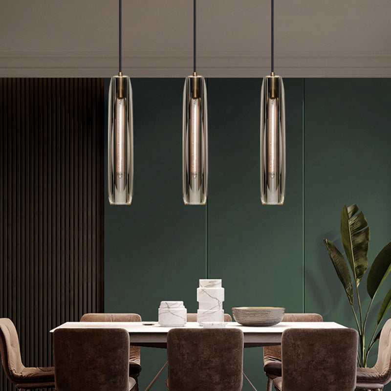 Modern Artistic Indoor Pendant Light Copper Cylindrical Hanging Lamp with Crystal Shade