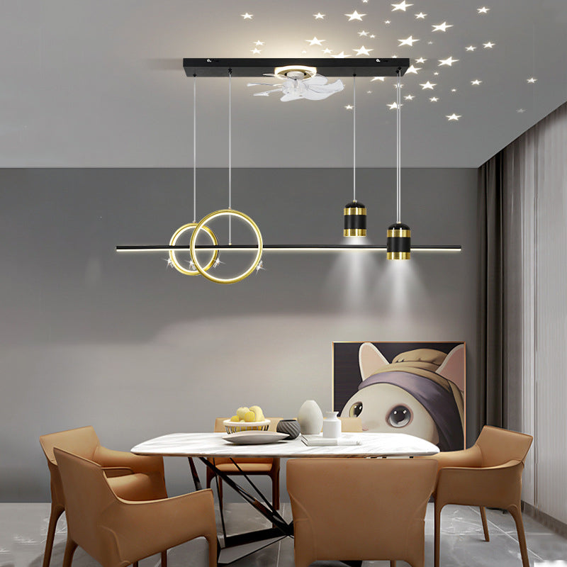 Geometric Island Lights Modern Metal Island Lamp with Fan in Black and Gold