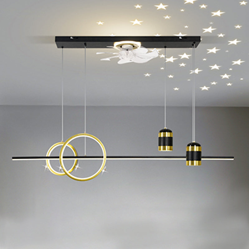 Geometric Island Lights Modern Metal Island Lamp with Fan in Black and Gold