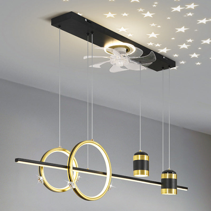 Geometric Island Lights Modern Metal Island Lamp with Fan in Black and Gold
