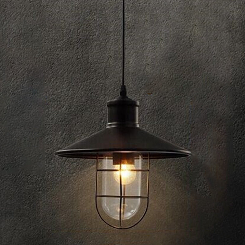 Iron Frame Single Pendant Light in Industrial Retro Style Glass Cone Hanging Lamp in Black