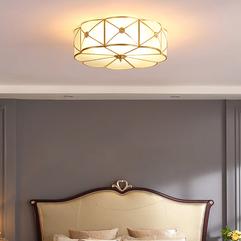 Golden Drum Glass Ceiling Light Fixture Colonial Style Flush Mount Light for Sitting Room