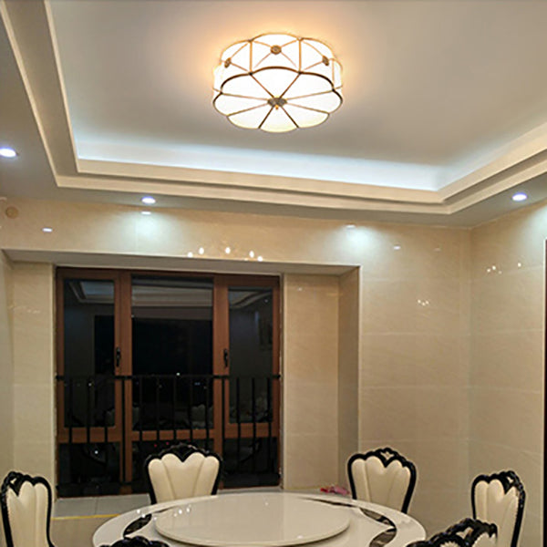 Golden Drum Glass Ceiling Light Fixture Colonial Style Flush Mount Light for Sitting Room