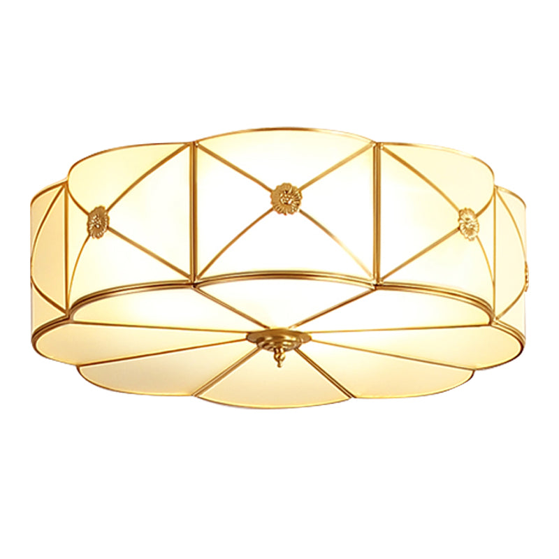 Golden Drum Glass Ceiling Light Fixture Colonial Style Flush Mount Light for Sitting Room