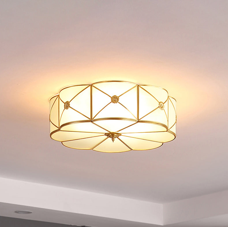 Golden Drum Glass Ceiling Light Fixture Colonial Style Flush Mount Light for Sitting Room