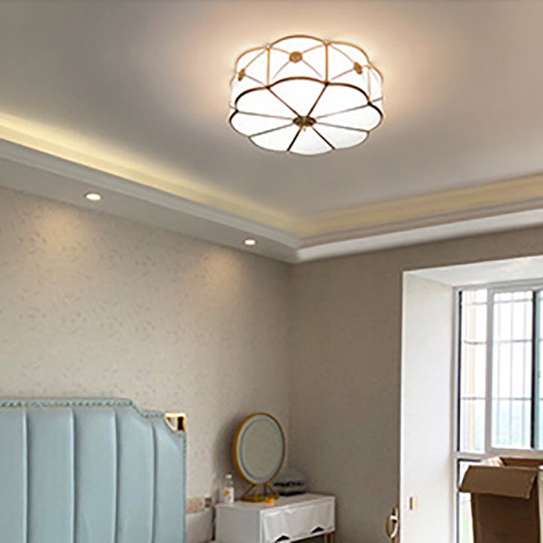 Golden Drum Glass Ceiling Light Fixture Colonial Style Flush Mount Light for Sitting Room