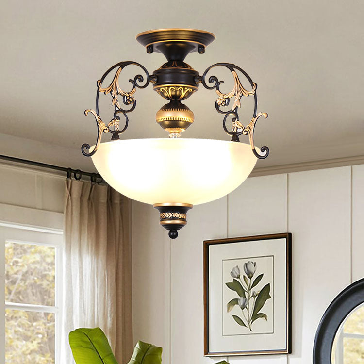 Traditional Style Ceiling Lamp White Glass Flush Mount Light Fixture for Living Room