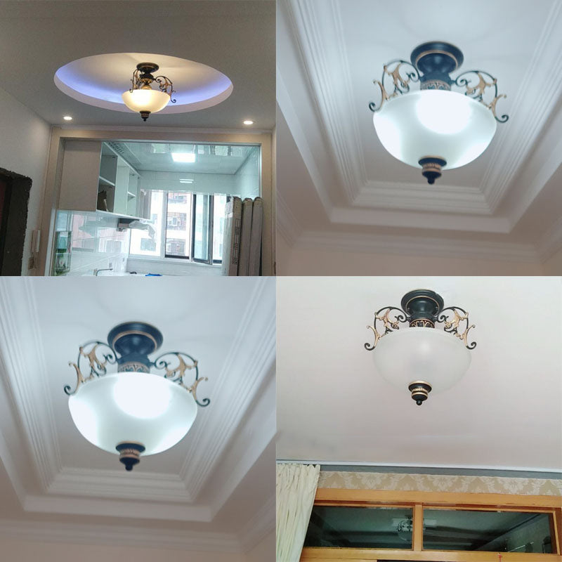Traditional Style Ceiling Lamp White Glass Flush Mount Light Fixture for Living Room