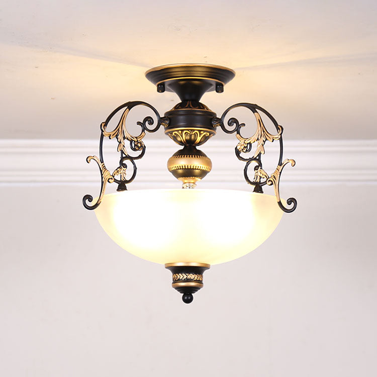 Traditional Style Ceiling Lamp White Glass Flush Mount Light Fixture for Living Room