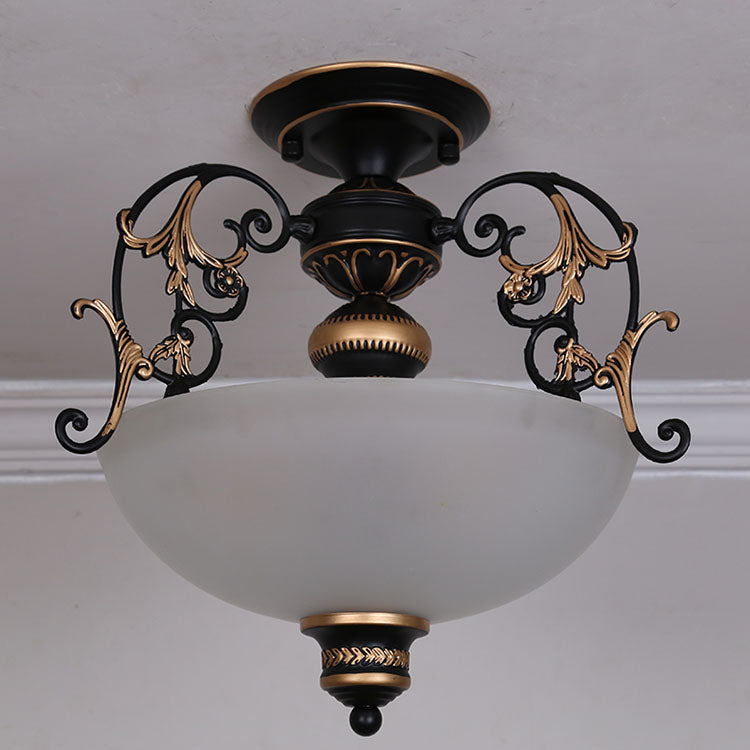 Traditional Style Ceiling Lamp White Glass Flush Mount Light Fixture for Living Room